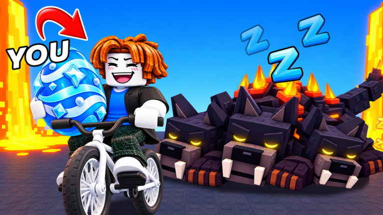 A laughing player rides off with a blue egg past sleeping wolf-like pets surrounded by lava in Bike For Egg.