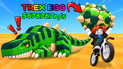 A player on a bike carries a giant egg past a giant pet in Bike For Egg.